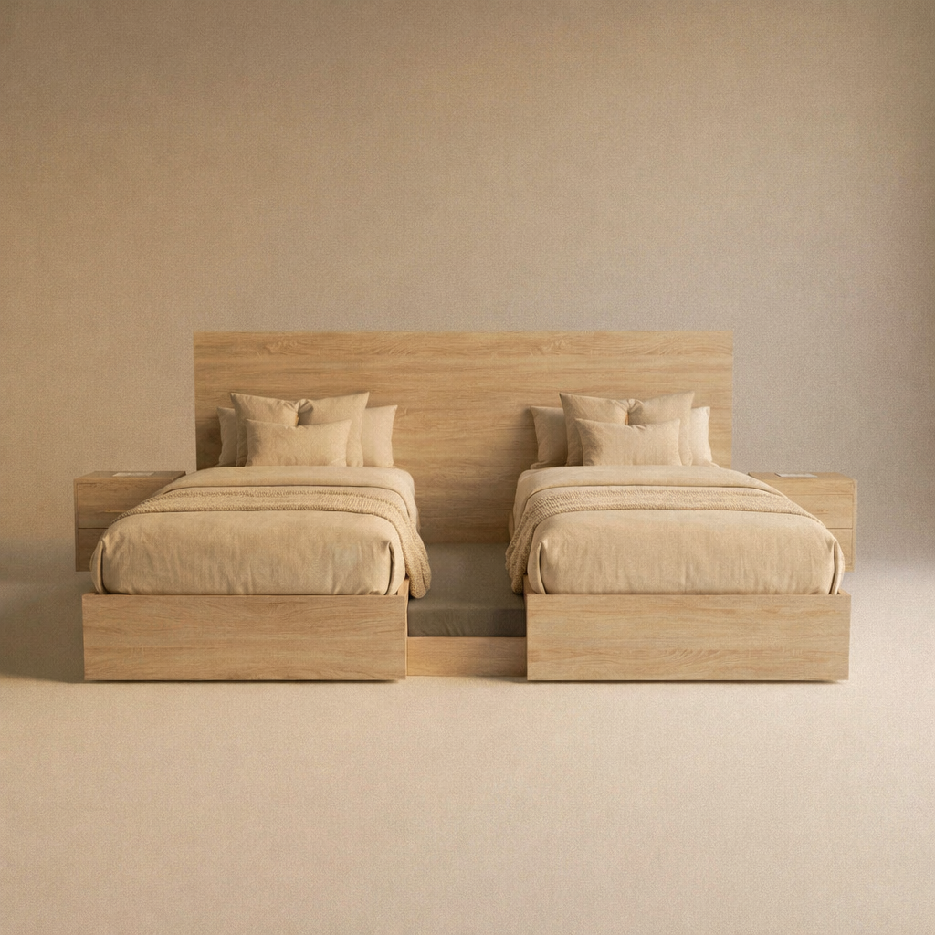 Castaway Bed motorized split king bed in fully open position with headboard, both Twin XL platforms separated up to 31 inches apart revealing the floor-anchored center platform with mattress in between