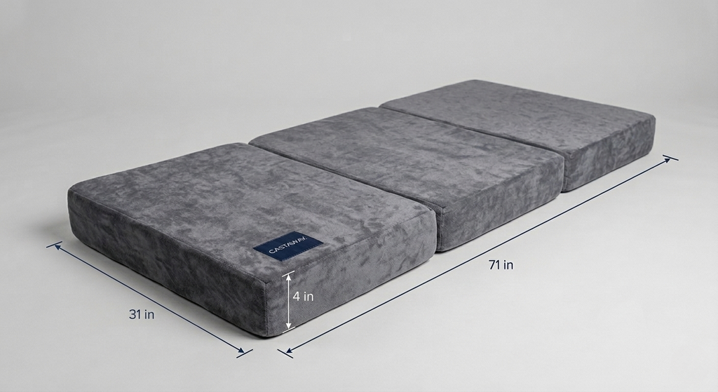 Castaway Bed 31-inch center platform mattress shown in three segmented sections with grey velvet cover and Castaway branded label, designed to fit the floor-anchored center platform when the motorized split king bed is in the open position. Measurement guide.