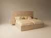 Castaway Bed motorized split king bed in closed position with headboard, angled three-quarter view showing attached floating nightstands with drawers on both sides and sturdy platform base construction