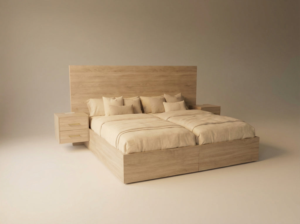 Castaway Bed motorized split king bed in closed position with headboard, angled three-quarter view showing attached floating nightstands with drawers on both sides and sturdy platform base construction