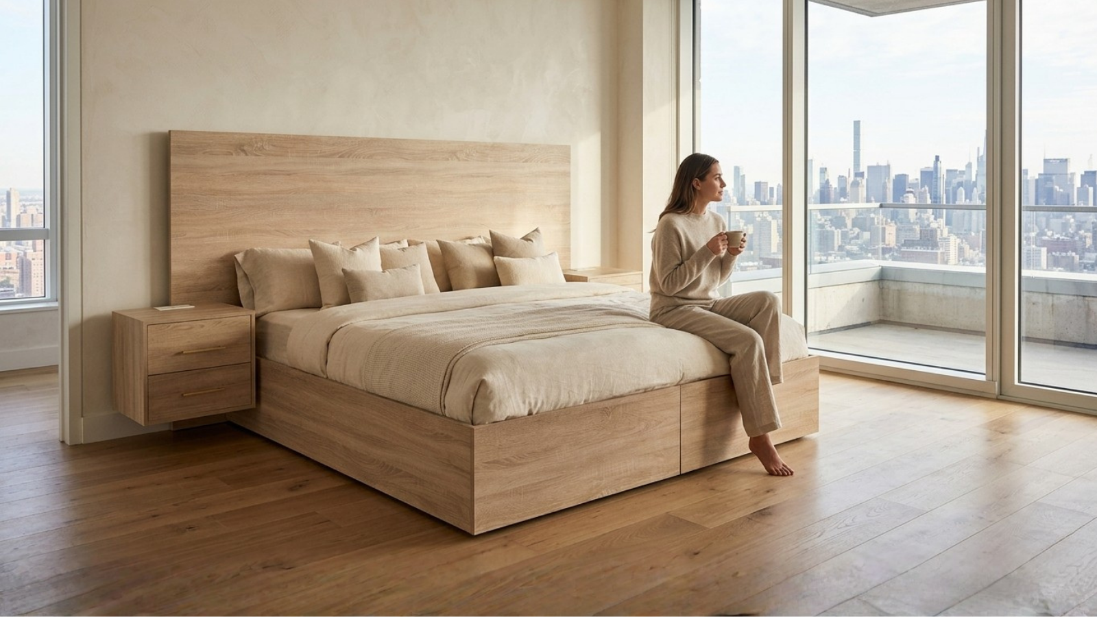 Woman enjoying coffee on a closed Castaway Bed