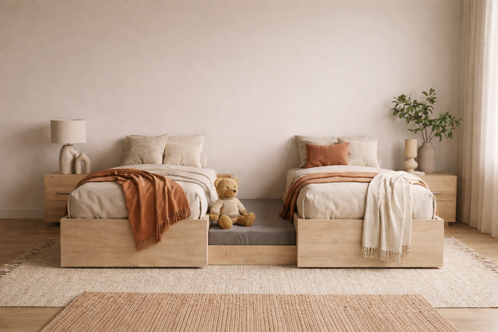 Castaway Bed motorized split king bed in open position without headboard, lifestyle bedroom setting showing floor-anchored center platform revealed with a teddy bear seated on it, demonstrating safe sleeping space for children or pets, with warm neutral decor and natural light