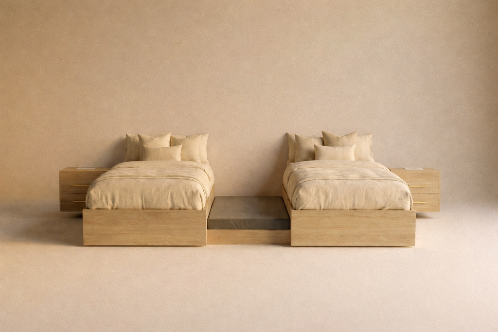 Castaway Bed motorized split king bed in fully open position without headboard, front view showing both Twin XL platforms separated apart with floor-anchored center platform and mattress fully revealed between them