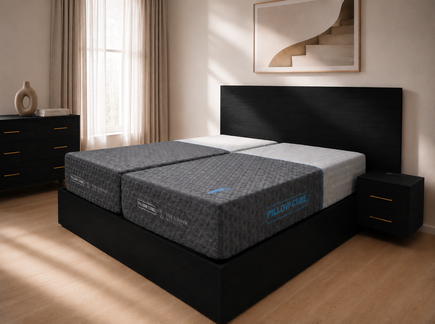 Castaway bed made up with Pillow Cube mattresses