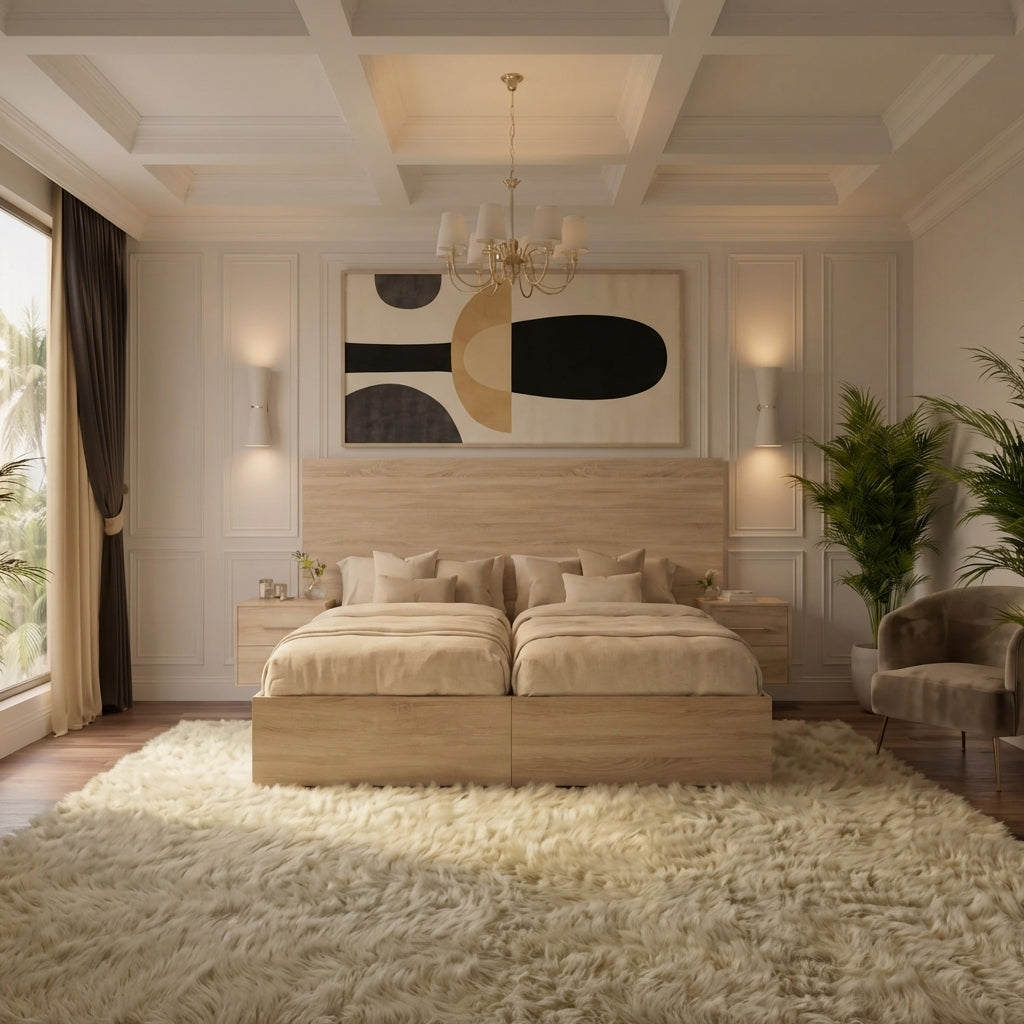 Castaway Bed motorized split king shown in closed position, with two Twin XL mattresses aligned to form a seamless king-size bed with integrated floating nightstands and a wood headboard in a modern bedroom setting.
